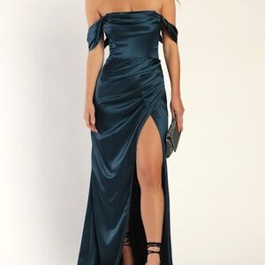 Lulus Stunning Arrival Dark Teal Satin Off-the-shoulder Maxi Dress Blue - Size M